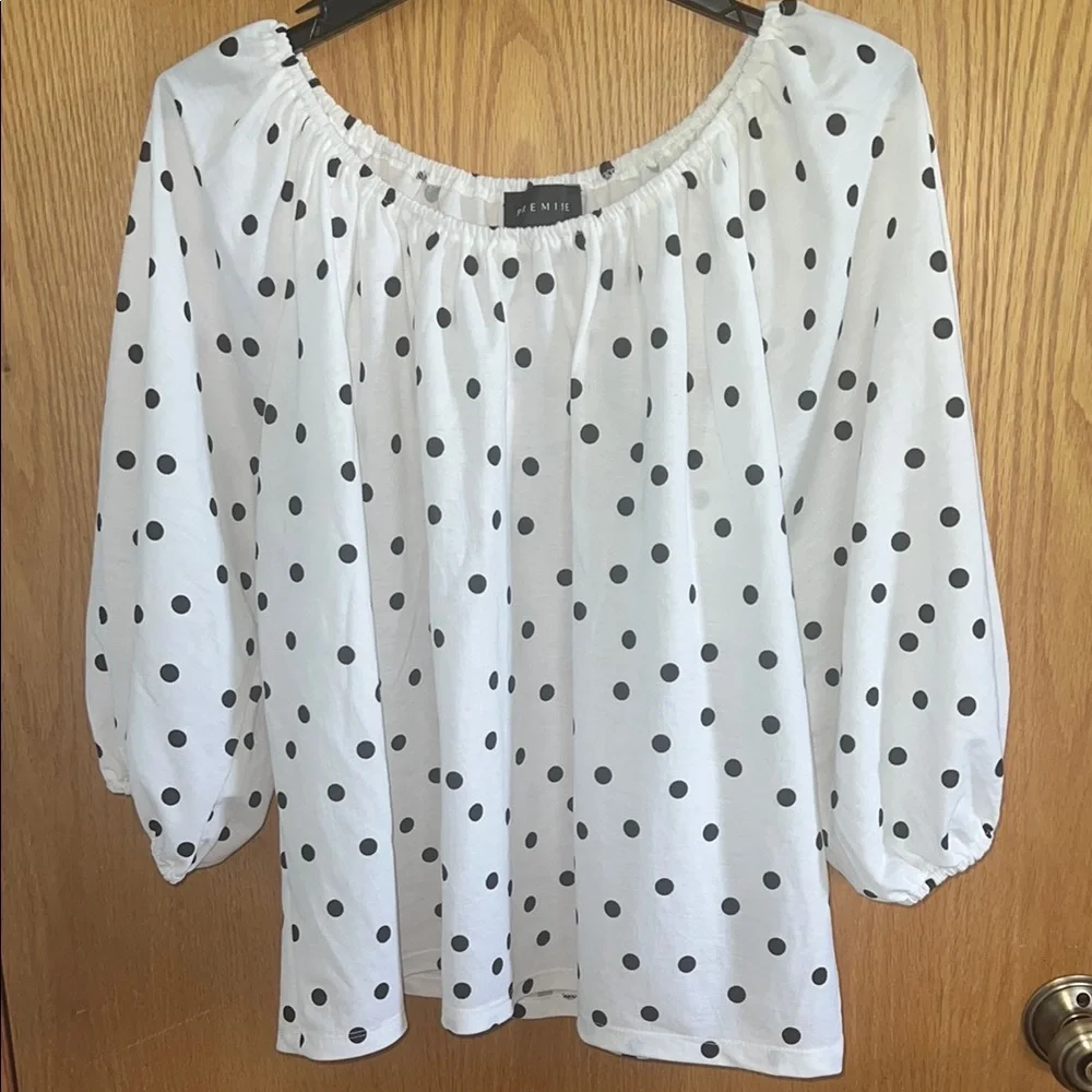 Premise White Blouse Puff Sleeves and Black Polka Dots size XL off shoulder - Picture 1 of 5